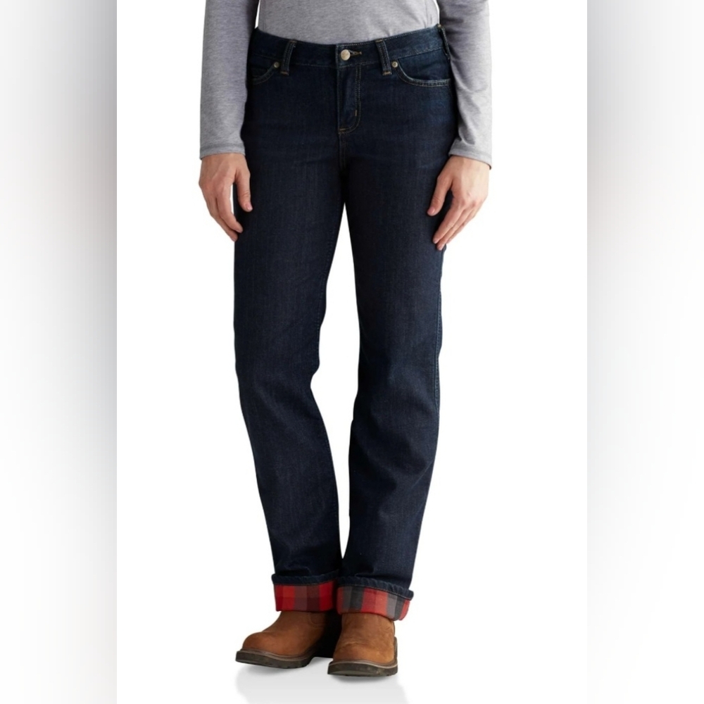 Carhartt Blaine Dark Wash Flannel Lined Straight Leg Jean Women Size 18
